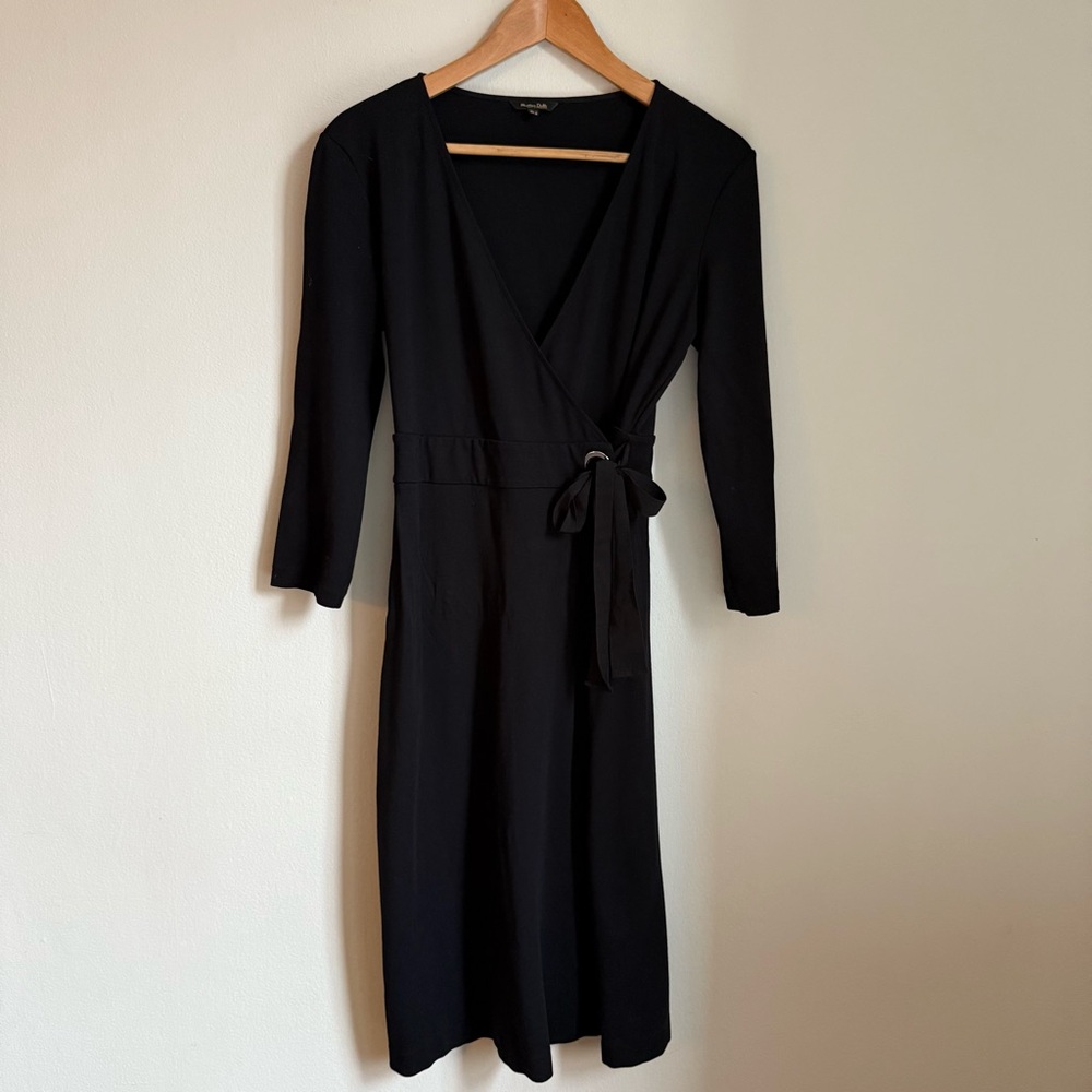 Massimo Dutti Dress Size S Viscose Black Wrap Long Sleeve Tie Waist Bow Elegant